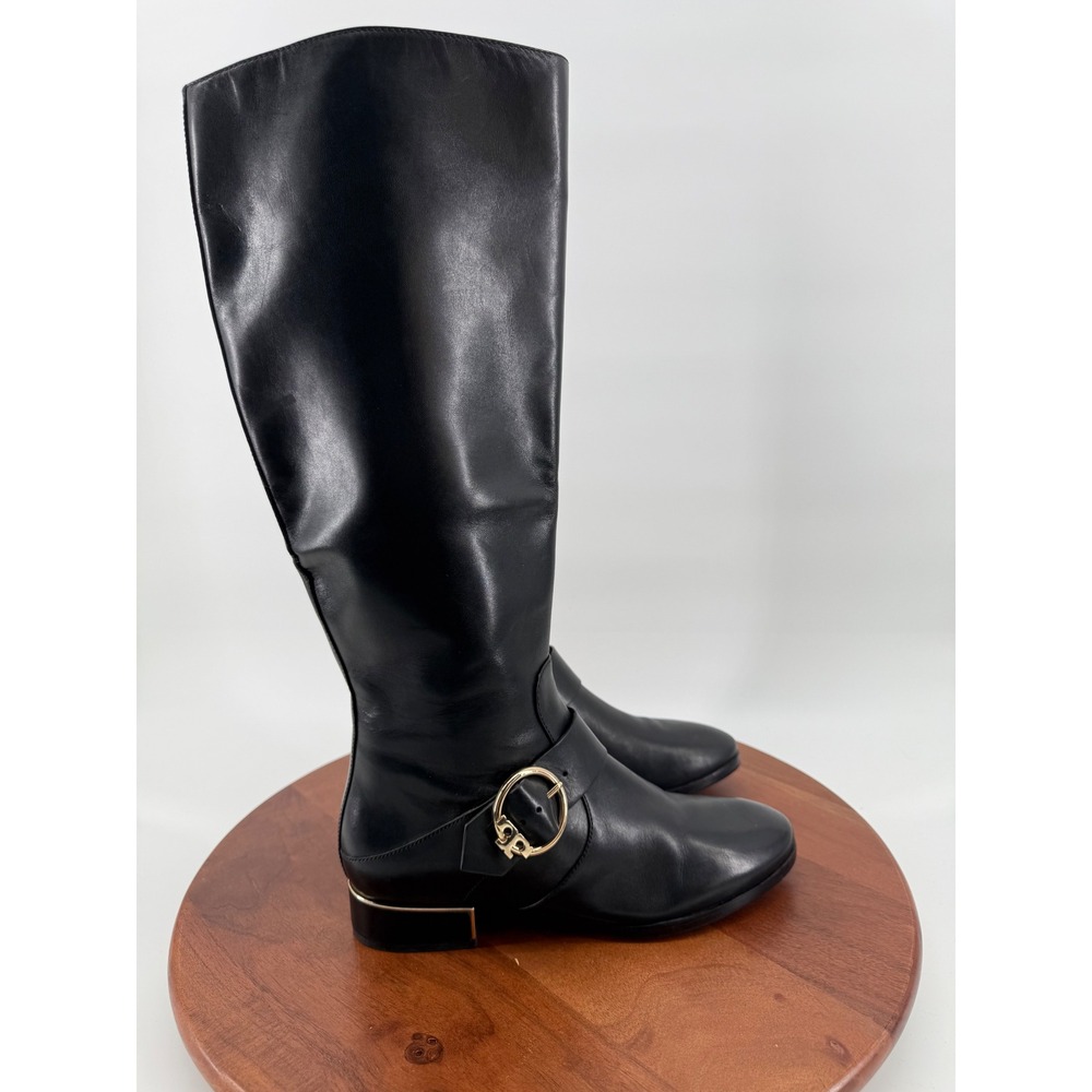 Tory Burch Black Leather Riding Boots Gold Buckle Logo Knee‎ High Size 9M 5233